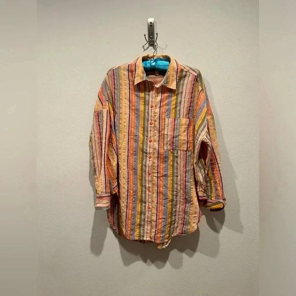 Anthropologie PILCRO Boyfriend Striped Shirt Rainbow Metallic / Size S/M / - Picture 3 of 9